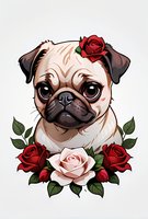 Adorable pug portrait with romantic red and pink roses arrangement, perfect for t-shirt design, greeting cards, and pet-themed merchandise on white background.