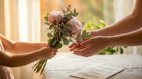 Hands exchanging pink rose bouquet in warm sunlight near window with handwritten letter on wooden table creating romantic gesture moment.