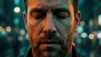 Middle-aged man with beard and stubble, appearing stressed or contemplative, with rain and blurred city lights in background, suitable for mental health, depression, anxiety, or urban lifestyle concepts.