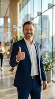 Confident businessman giving thumbs up with financial icons overlay in modern office lobby for success and achievement concepts.