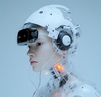Young woman with futuristic cybernetic augmentations and glowing VR headset in profile view against light blue background, representing advanced AI technology.