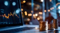 Financial trading analysis with laptop displaying stock market charts and coin stacks representing investment growth and wealth management strategies.