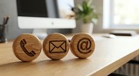 Wooden contact icons on office desk featuring phone, email and at symbol for business communication and customer service concepts.