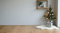 Young decorated evergreen tree with white ornaments and lights in gray pot on wooden floor against white wall with mirror and copy space for holiday season interior design.