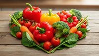 Fresh colorful vegetables arranged in heart shape on wooden table including bell peppers broccoli tomatoes carrots and leafy greens for healthy eating.