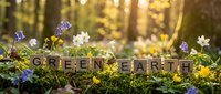 Wooden letter blocks spelling GREEN EARTH surrounded by colorful wildflowers in sunlit forest setting for environmental awareness campaigns.
