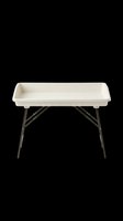 Folding utility table with white plastic tray top and metal legs, isolated on transparent background, ready for stickers, clipart, print on demand, and t-shirt design use.