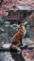 Enchanting red fox sitting on a rock by a tranquil pond with cherry blossoms falling, traditional Asian garden architecture and koi fish create magical spring atmosphere perfect for nature stories.