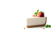 Slice of classic cheesecake with graham cracker crust garnished with fresh strawberry and mint leaves on white background, minimalist food photography.