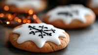 Festive gingerbread cookies with white icing snowflake pattern on blurred background with warm bokeh lights, closeup of traditional winter holiday baking.