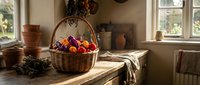 Rustic wicker basket filled with fresh colorful vegetables on wooden kitchen counter with warm natural sunlight streaming through windows creating cozy farmhouse atmosphere.