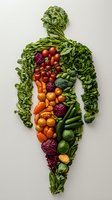 Fresh vegetables and fruits arranged in human body silhouette shape on white background. Creative healthy eating and nutrition concept for wellness lifestyle.