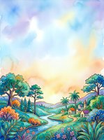 Watercolor landscape with winding river, lush trees, colorful flowers, and village houses under a glowing sunset sky, perfect for cards and wall art.