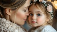Tender moment between mother and daughter wearing floral crown and lace dress, soft bokeh background creates dreamy atmosphere. Close up portrait shows pure love and care.