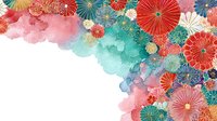 Colorful Japanese paper umbrellas and watercolor splashes create festive Asian-inspired decorative border for greeting cards and celebrations.