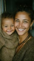 Joyful mixed race mother and young child sharing genuine laughter and warm embrace while wearing cozy brown sweaters, captured in natural lighting with authentic emotions.