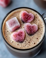 Hot chocolate with pink heart-shaped marshmallows and sugar cubes in ceramic mug. Valentine's Day romantic drink with foam and sparkles for cozy moments.