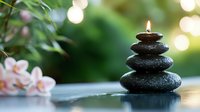 Zen spa stones balanced in pyramid with burning candle on top, pink flowers and soft bokeh lights creating peaceful meditation atmosphere for wellness.