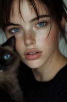 Close-up portrait of young woman with freckles and striking blue eyes posing with Siamese cat. Natural beauty concept showing matching eye colors and intimate connection.