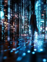 Silhouette of person standing amid glowing digital rain effect with blue matrix-style light streams and reflective floor in cyberpunk atmosphere.