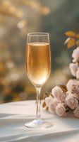 Elegant flute of sparkling champagne with delicate bubbles alongside soft pink roses, captured in warm golden light with dreamy bokeh background.