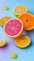 Fresh citrus fruits sliced on blue background with water drops. Pink grapefruit, orange and lime create vibrant summer composition for healthy lifestyle concept.