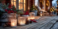Cozy winter porch with glowing candle lanterns, pine branches, red berries, and pine cones on rustic wooden deck against warm holiday lights in windows.