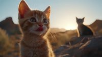Adorable ginger kitten looking up during golden sunset with silhouette of another cat in background, warm sunlight illuminating fur against nature landscape.