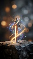 Magical glowing rune stone with golden light trails and sparkles on rock surface with bokeh background for fantasy gaming and mystical designs.