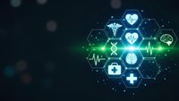 Digital healthcare technology concept with glowing medical icons in hexagonal network pattern on dark background for telemedicine applications.