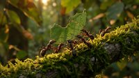 Young green leaves emerging from moss-covered tree bark in natural forest environment with warm sunlight filtering through foliage creating peaceful woodland atmosphere.