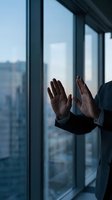 Businessman with hands pressed against glass window in high-rise office overlooking cityscape, conveying stress, ambition, and corporate pressure in modern workplace environment.