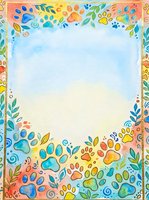 Colorful paw prints and botanical leaves frame a light blue and cream watercolor center space, isolated on white background, ready for greeting cards, posters, pet-related designs, and children's projects.
