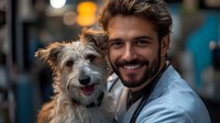 Young Caucasian man with beard and styled hair smiling with mixed breed terrier dog, close up portrait in casual setting showing bond between pet and owner.