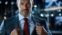 Confident mature Caucasian businessman in dark suit and red tie against blurred city lights background, portraying success and leadership in corporate setting.