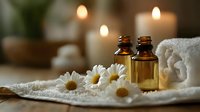 Fresh chamomile flowers with essential oil bottles on white lace fabric, soft candlelight creates relaxing spa atmosphere. Wellness and aromatherapy concept.