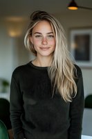 Young woman with blonde hair wearing black sweater smiling at camera in modern interior setting. Natural daylight creates soft portrait lighting effect.