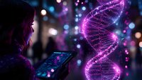 Futuristic DNA helix glowing in purple neon light while silhouetted woman interacts with tablet device against bokeh background, representing genetic research.