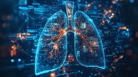 Digital visualization of human lungs with glowing blue wireframe structure and orange highlights against dark background with data elements and bokeh effects for medical technology concept.