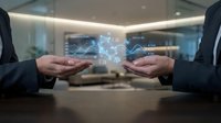 Business professionals sharing holographic financial data charts and graphs in modern office meeting room for corporate analysis and strategic planning.