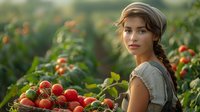 Young woman with braided hair in tomato field at sunset, holding freshly harvested ripe tomatoes in rustic farm setting.