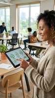 Woman with curly hair, medium skin tone, wearing beige cardigan, analyzing sustainability data on tablet in modern office with colleagues working in background.