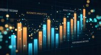 Business analytics dashboard with glowing bar charts and performance metrics on dark background with bokeh lights for corporate presentations.
