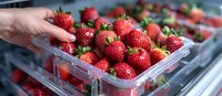 Fresh ripe strawberries in plastic container at grocery store with hand selecting fruit for healthy eating and organic food shopping experience.