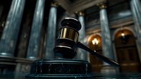 Wooden judge gavel on stand in dramatic courtroom setting with classical architecture columns and ambient lighting creating atmospheric legal environment.