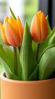 Fresh orange tulips with water droplets in terracotta pot against blurred background, close-up view showing delicate petals and green leaves.