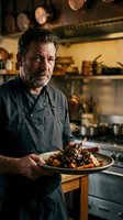 Mature male chef with gray beard wearing dark apron presents roasted meat dish in professional kitchen with warm lighting and hanging cookware overhead.
