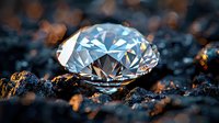 Brilliant cut diamond gemstone with rainbow light reflections resting on dark textured surface with golden specks, showcasing luxury and wealth.