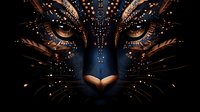 Mystical feline face with glowing copper and bronze details against dark background, featuring intricate patterns and luminous dots creating magical night effect.