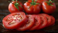 Fresh ripe red tomatoes arranged in slices on rustic wooden surface, with whole tomatoes in background showing vibrant color and juicy texture. Perfect for food design.